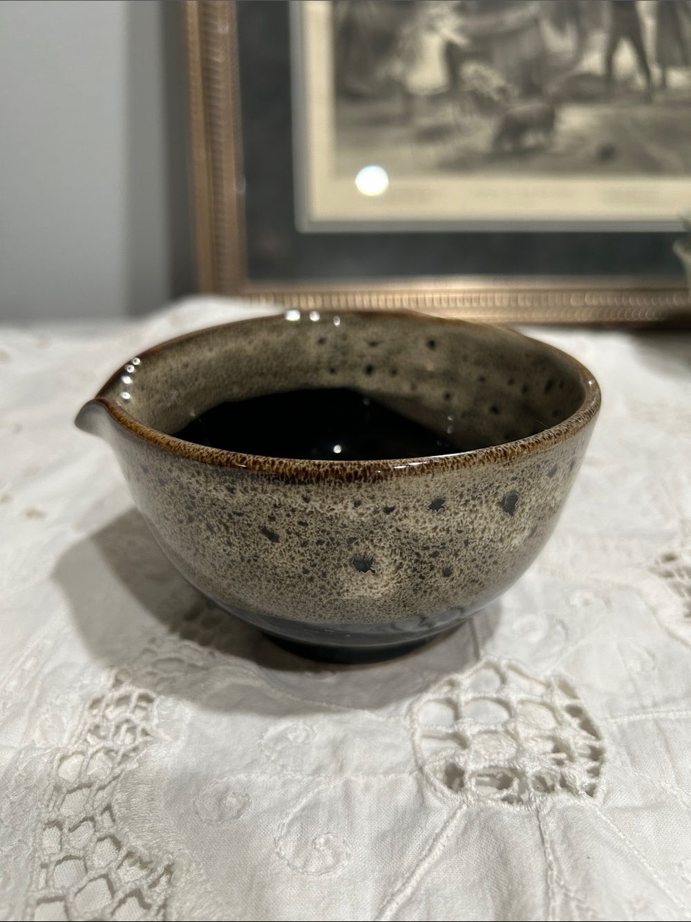 Handmade Ceramic Pouring footed Bowl in Speckled Black- Grey
